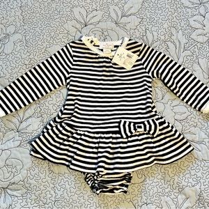 KATE SPADE Black/Cream Long Sleeve Snap Neck Bow Dress with Bloomers NWT Sz 6M